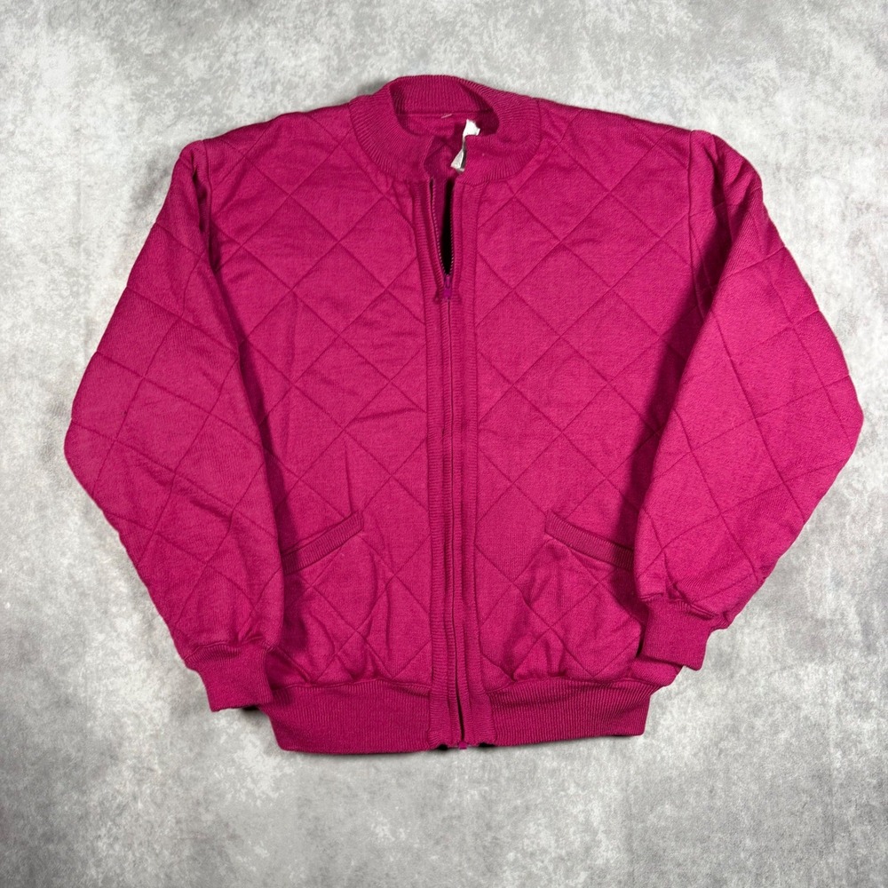 Vintage 70s Bleyle Womens M Magenta Pink Quilted Bomber Jacket Knit Zip Up